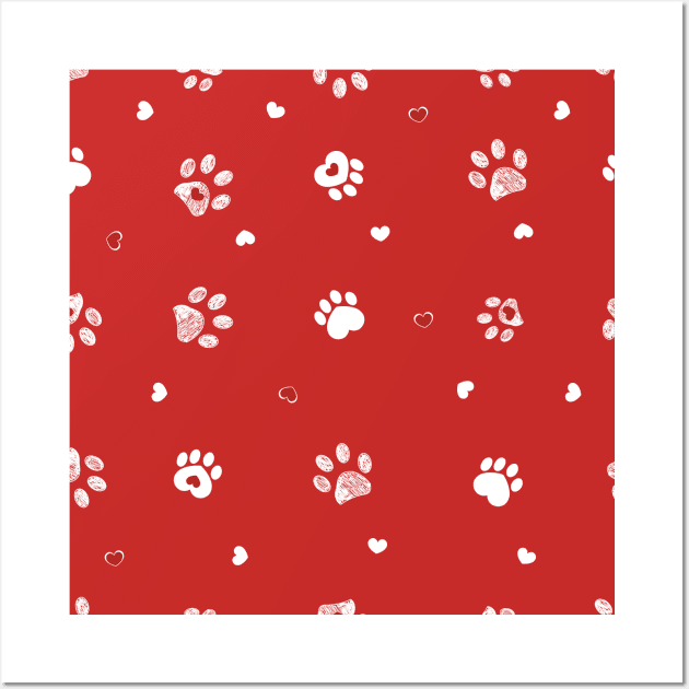 Red background with white paw prints Wall Art by GULSENGUNEL